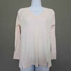 Maeve Waffle Knit V Neck Long Sleeve Thermal Tee Cream Top Size XS